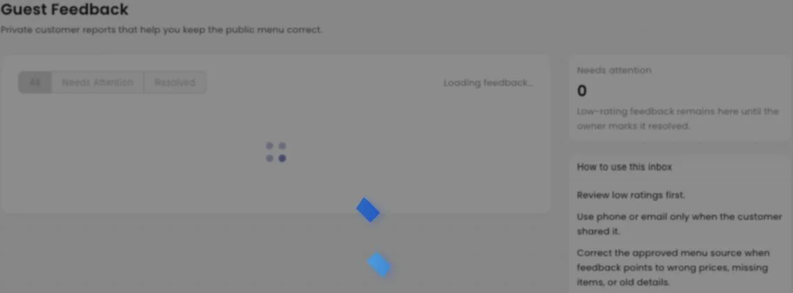 MenuList owner feedback inbox showing private customer feedback status and review controls