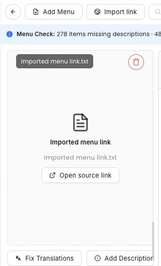 MenuList owner screen showing an imported menu link source connected to a menu setup flow