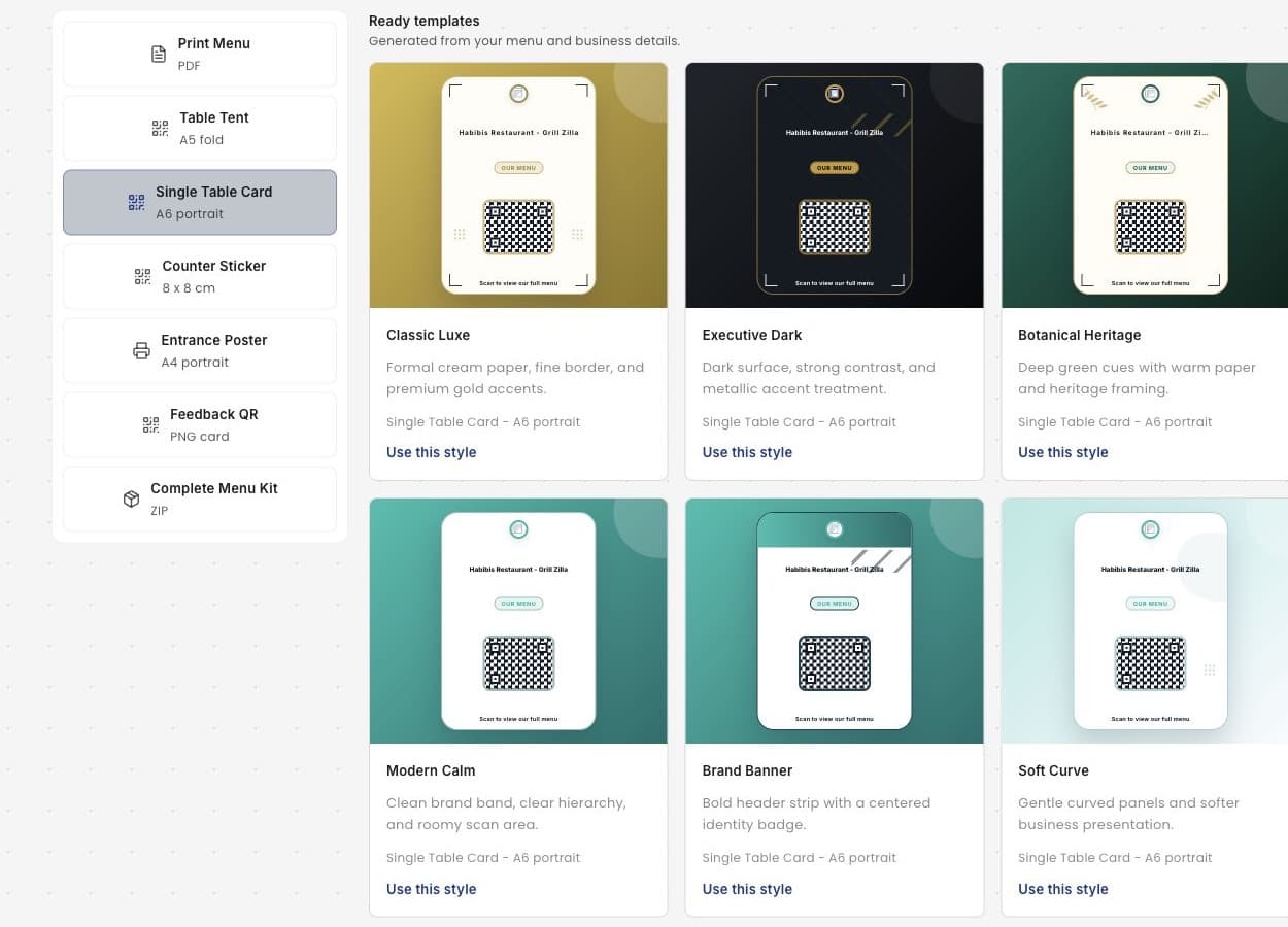 MenuList Assets dashboard showing print asset types and ready templates for a table card