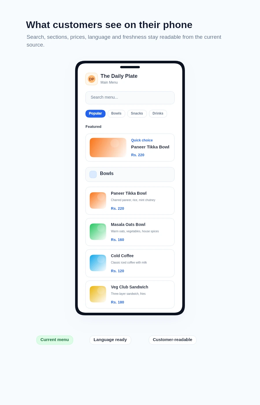Customer-facing menu preview
